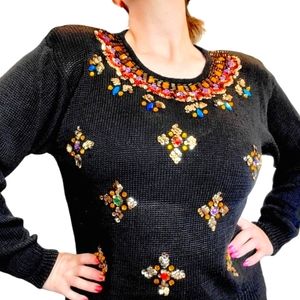 Vintage 80s Womens Large Black Beaded Sequins Sweater Ramie